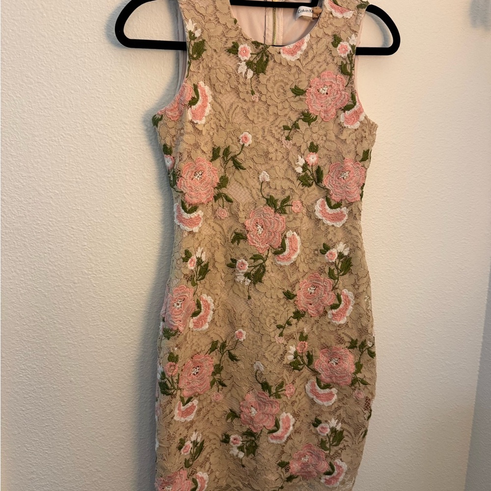 Calvin Klein Cream Brown Sheath Halter Mini Dress